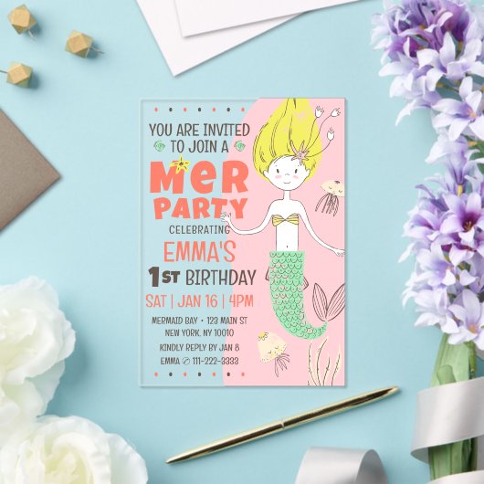 Schattige Modern Mermaid Kind verjaardagsfeestje Acryl Uitnodigingen (Insitu (Huwelijk))