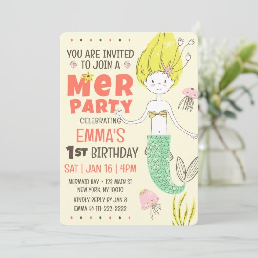 Schattige Modern Mermaid Kind verjaardagsfeestje Kaart (Staand voorkant)