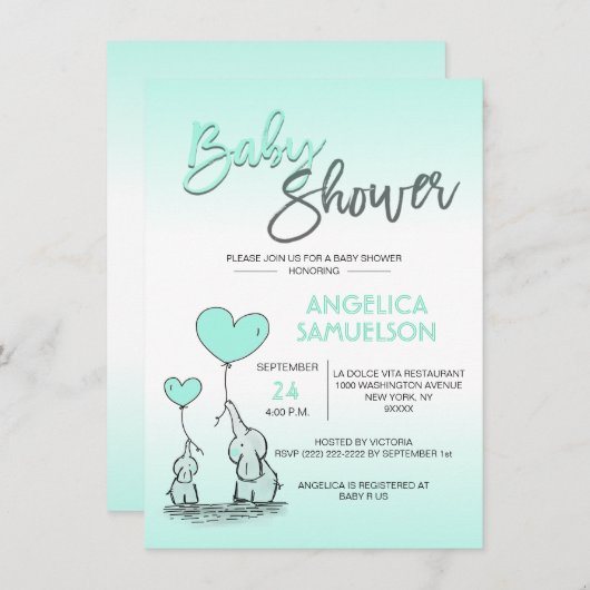 Schattige Modern MINT Mama Olifant & Baby shower Kaart (Voorkant / Achterkant)