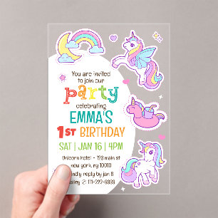 Schattige Modern Rainbow Unicorns Kind Verjaardags Acryl Uitnodigingen
