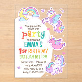 Schattige Modern Rainbow Unicorns Kind Verjaardags Acryl Uitnodigingen (Voorkant)