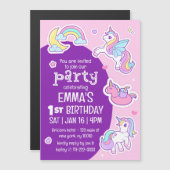 Schattige Modern Rainbow Unicorns Kind Verjaardags Magnetische Uitnodiging (Voorkant / Achterkant)