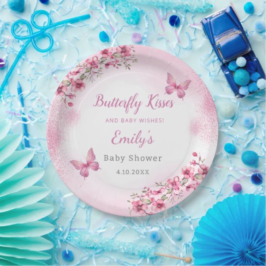 Schattige Modern roze Bloemen Vlinder meisje Baby  Papieren Bordje (Feest)