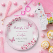 Schattige Modern roze Bloemen Vlinder meisje Baby  Papieren Bordje (Feest)