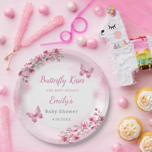 Schattige Modern roze Bloemen Vlinder meisje Baby  Papieren Bordje (Feest)