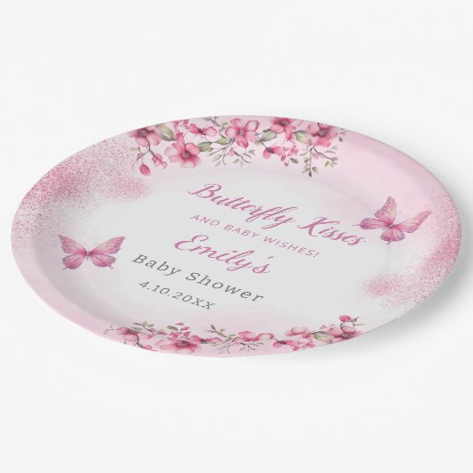 Schattige Modern roze Bloemen Vlinder meisje Baby  Papieren Bordje (Gekanteld)