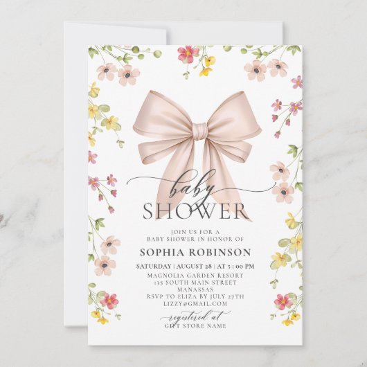 Schattige Modern Roze Bow Wildflower Meisje Baby s Kaart (Voorkant)