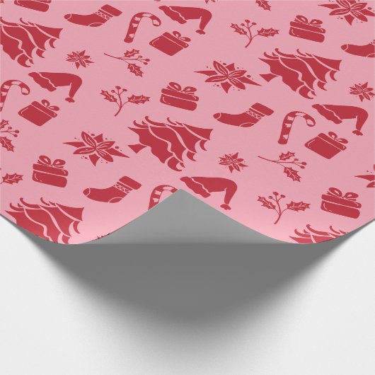 Schattige Modern Roze Rood Vrolijk Kerstpatroon Cadeaupapier (Hoek)