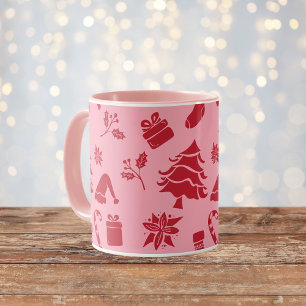 Schattige Modern Roze Rood Vrolijk Kerstpatroon Mok