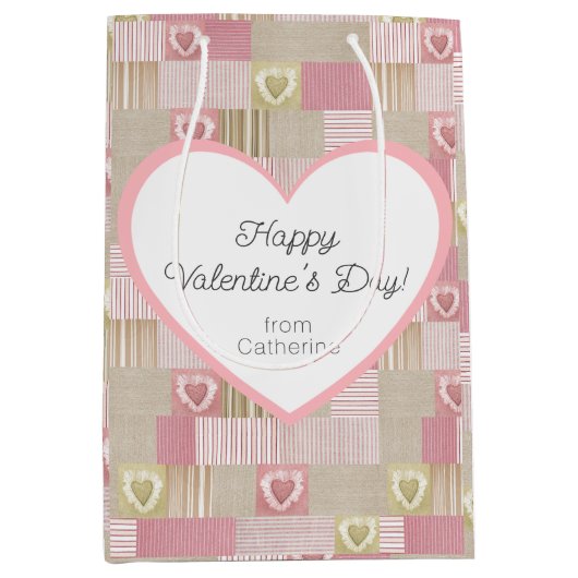 Schattige modern rustiek patchwork roze hart medium cadeauzakje (Voorkant)