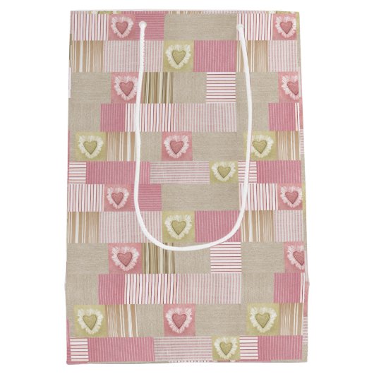 Schattige modern rustiek patchwork roze hart medium cadeauzakje (Achterkant)