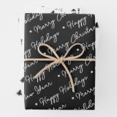 Schattige Modern Zwart Sneeuwman Kerstbomen Script Inpakpapier Vel (In situ)