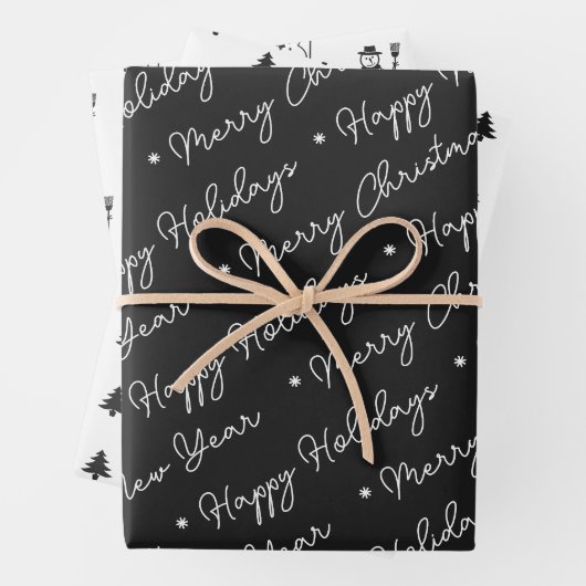 Schattige Modern Zwart Sneeuwman Kerstbomen Script Inpakpapier Vel (In situ)