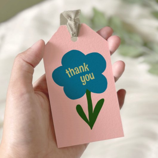 Schattige moderne bloem blauw en roze dank je wel cadeaulabel