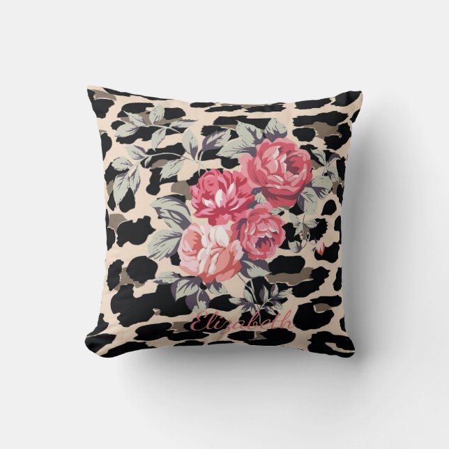 Schattige moderne bloemen op luipaardprint-persoon kussen (Voorkant)