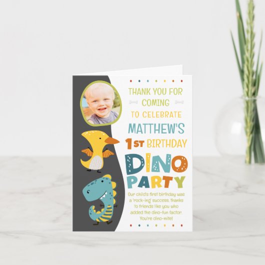 Schattige moderne dinosaurus kinder foto verjaarda bedankkaart (Voorkant)