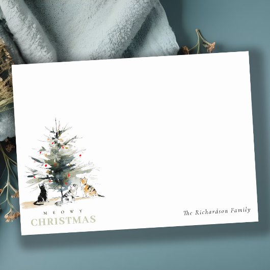 Schattige moderne waterverf Meowy kerstboomkatten Notitiekaartje
