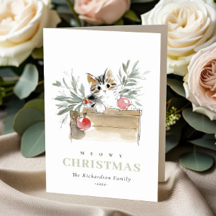 Schattige moderne waterverf Meowy Kerstmis Box Kat Feestdagen Kaart