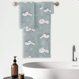 Schattige Moeder en Zoon Uil Patroon Blauw-Grijs Bad Handdoek