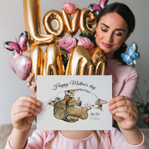 Schattige moederkat verzorgt haar kleine katjes op feestdagenkaart