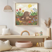 Schattige Mol en Bloemen Kleurpotlood Tekening Kin Poster