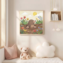 Schattige Mol en Bloemen Kleurpotlood Tekening Kin Poster