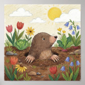 Schattige Mol en Bloemen Kleurpotlood Tekening Kin Poster (Voorkant)