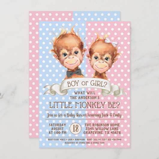 Schattige Monkey Gender Reveal Kaart (Voorkant / Achterkant)