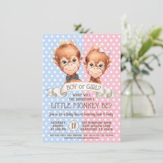 Schattige Monkey Gender Reveal Kaart (Staand voorkant)