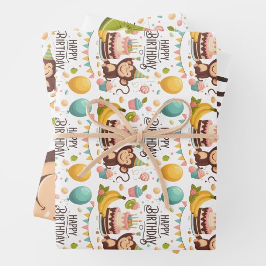 Schattige Monkey Happy Birthday Party Cake Inpakpapier Vel (In situ)