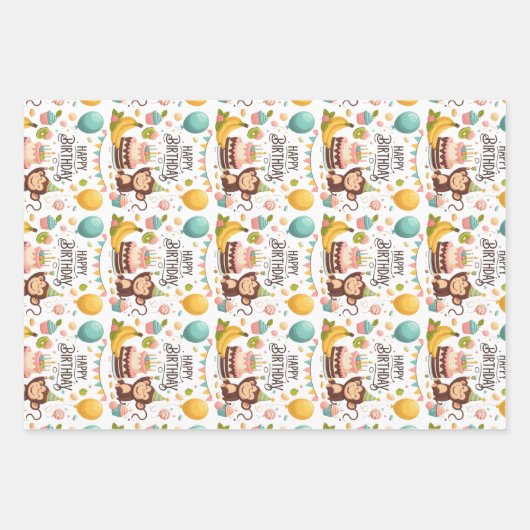 Schattige Monkey Happy Birthday Party Cake Inpakpapier Vel (Voorkant)