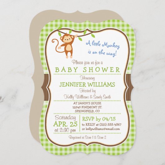 Schattige Monkey; Oerwoud Thema Baby shower Uitnod Kaart (Voorkant / Achterkant)