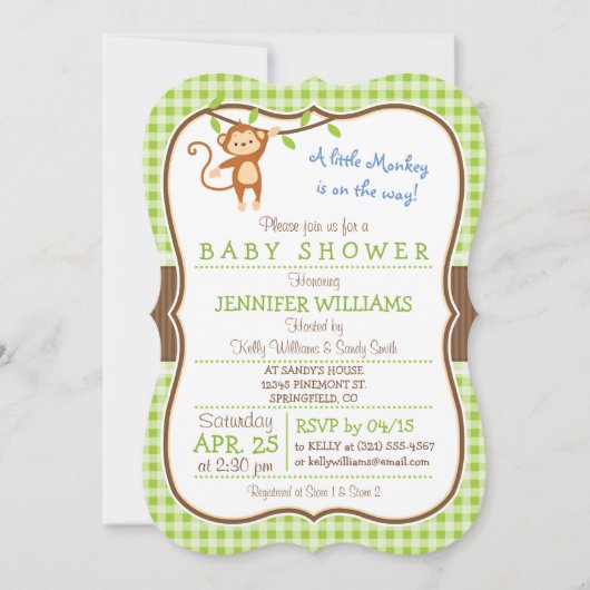 Schattige Monkey; Oerwoud Thema Baby shower Uitnod Kaart (Voorkant)