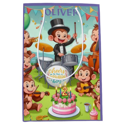 Schattige Monkey Orchestra 2 jaar oude verjaardags Medium Cadeauzakje (Voorkant)
