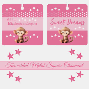 Schattige Monkey Shhh Voeg naam is slapen roze Metalen Ornament