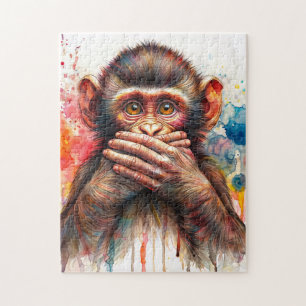 Schattige Monkey Spreekt Geen Kwaadaardige Kunst Legpuzzel