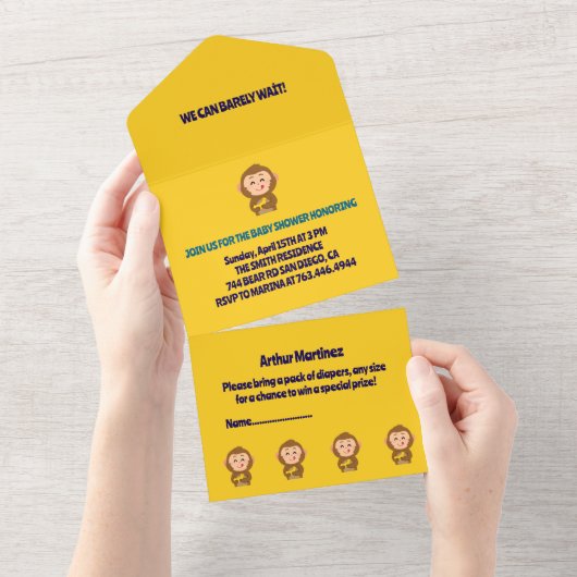 Schattige Monkey Theme Boy Baby shower All In One Uitnodiging (Afscheurbaar)