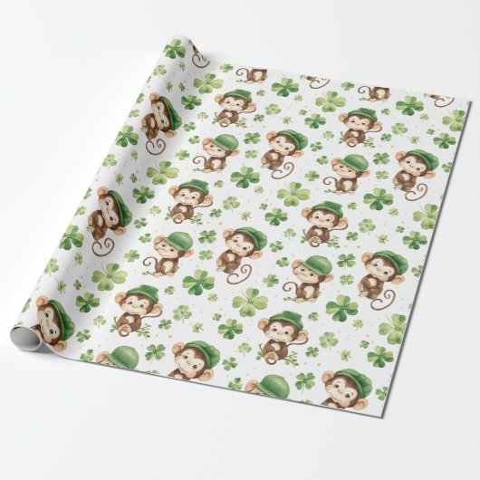 Schattige Monkeys Green Pet Shamrock St. Patrick's Cadeaupapier (Uitgerold)