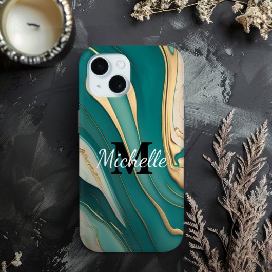 Schattige Monogram Aqua Gold Fluid Art Marmer Esth Case-Mate iPhone Case
