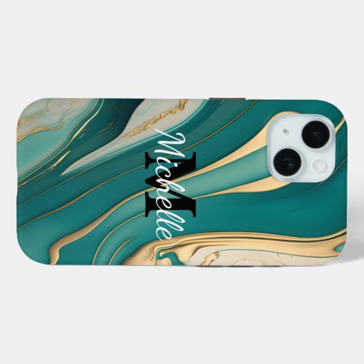 Schattige Monogram Aqua Gold Fluid Art Marmer Esth Case-Mate iPhone Case (Achterkant (horizontaal))