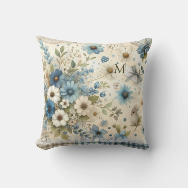 Schattige Monogram Bunny Blue, Green & White Bloem Kussen (Voorkant)