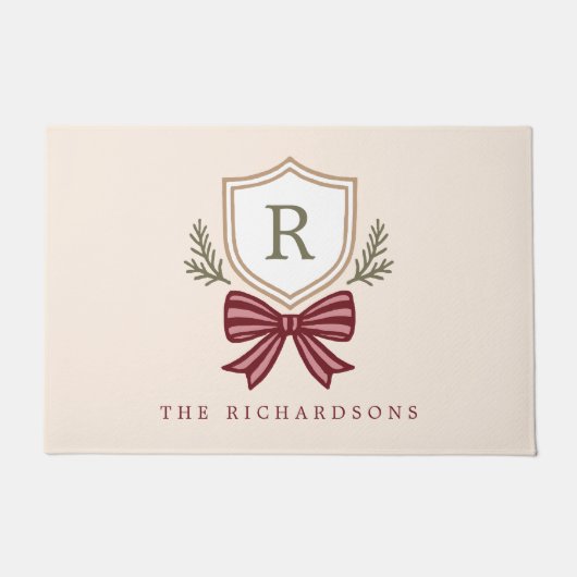 Schattige Monogram Crest Holiday Bow Christmas Deurmat (Voorkant)