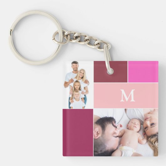 Schattige monogram fotocollage roze sleutelhanger (voorkant)