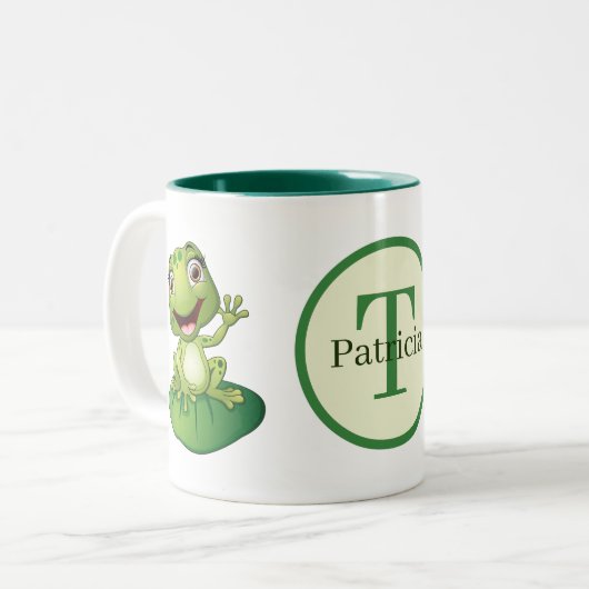 Schattige Monogram Frog Naam toevoegen Tweekleurige Koffiemok (Voorkant links)