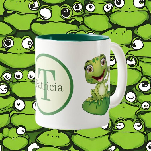 Schattige Monogram Frog Naam toevoegen Tweekleurige Koffiemok