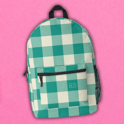 Schattige Monogram Initialen Blauwgroen Gingham Bu Bedrukte Rugzak