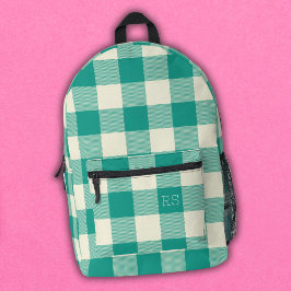 Schattige Monogram Initialen Blauwgroen Gingham Bu Bedrukte Rugzak