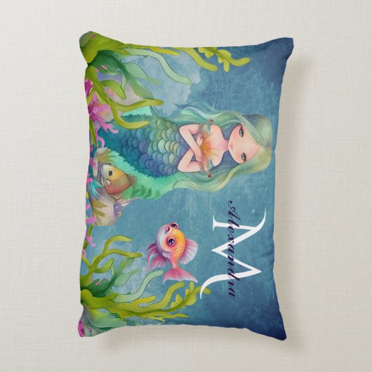 Schattige monogram naam Zeemeermin Accent Kussen (Achterkant (Verticaal))