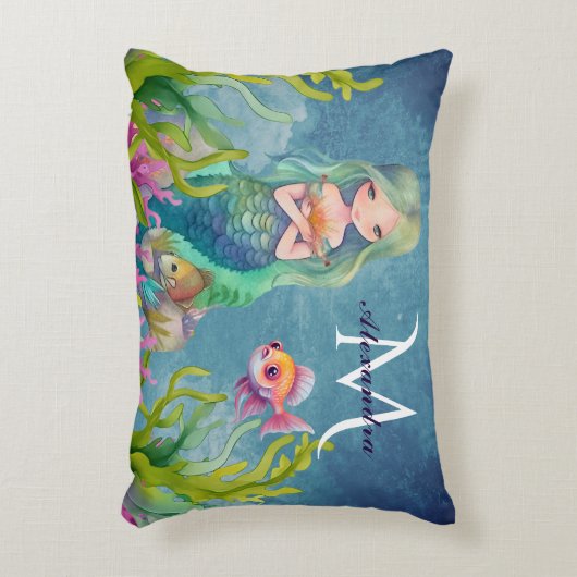 Schattige monogram naam Zeemeermin Accent Kussen (Voorkant(Verticaal))