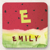 Schattige Monogram Rode Groene Watermeloen Aangepa Bier Onderzetter (Voorkant)